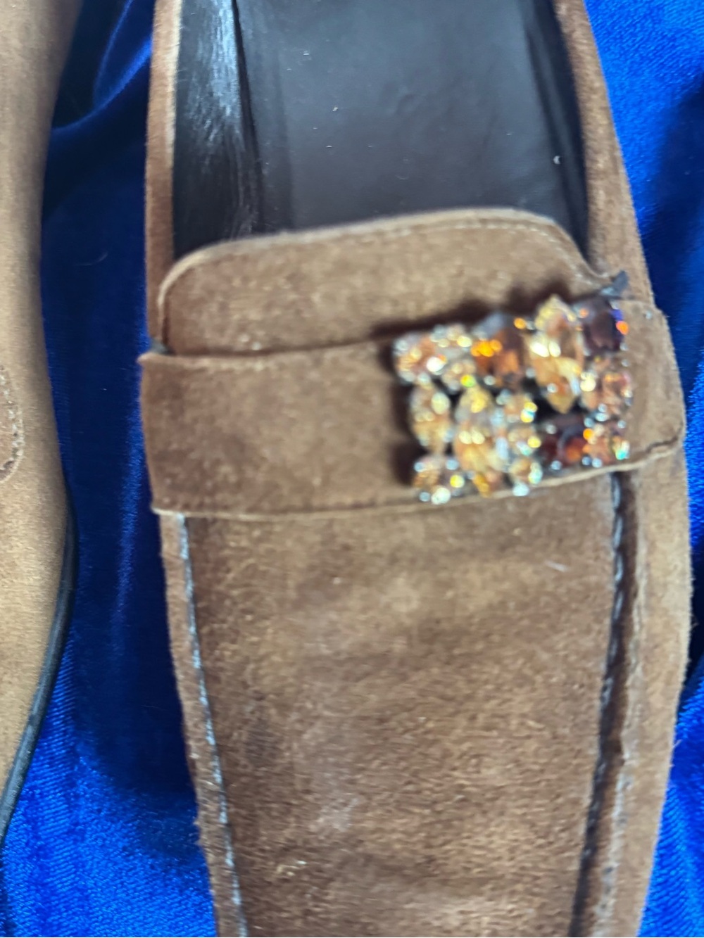 Stuart Weitzman Brown Suede Slip-On Loafers with Jewel Accent - Picture 9 of 10